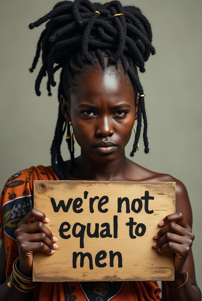A beautiful African fair-lady with ancient Igbo hairstyle and Igbo wrapper carrying board written “we’re not equal to men” with tears on her face.
