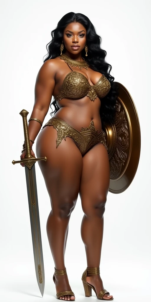 objective: (feature A DynastySeries Model with voluptuous lower body, feminine figure, tiny abs, A bottom-heavy, superior Goddess with GIGANTIC ASS), mood: (), subject: (), attire: (), personality: (), An Amazon posing with confidence and courage. Hair: She has a very long neon wavy fade mohawk. Body: the breasts are tiny and small, The waist is tiny zero. wide hips are voluptuous and very strong trapezoidal and toned. Her body is voluptuous and delicate and Womancore, with the worlds 🌎 largest buttocks. She has an immensely full round and protruding buttocks glutes. Face: like Angela Bassett. Image style and definition: (ultra realistic photo, feminine figure, portraits, intense detail, Reductionist form, UHD, mujercore.) Clothes: Amazon armoured suit. The armor is bright metallic with flowers and intricate details. She has a long sword and a shield with relief symbol. Background: white room. #HyperAss #BottomHeavy #WideHips #HugeAss