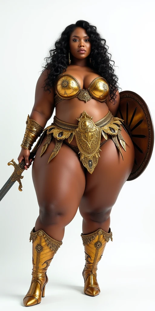 objective: (feature A DynastySeries Model with voluptuous lower body, feminine figure, tiny abs, A bottom-heavy, superior Goddess with GIGANTIC ASS), mood: (), subject: (), attire: (), personality: (), An Amazon posing with confidence and courage. Hair: She has a very long neon wavy fade mohawk. Body: the breasts are tiny and small, The waist is tiny zero. wide hips are voluptuous and very strong trapezoidal and toned. Her body is voluptuous and delicate and Womancore, with the worlds 🌎 largest buttocks. She has an immensely full round and protruding buttocks glutes. Face: like Angela Bassett. Image style and definition: (ultra realistic photo, feminine figure, portraits, intense detail, Reductionist form, UHD, mujercore.) Clothes: Amazon armoured suit. The armor is bright metallic with flowers and intricate details. She has a long sword and a shield with relief symbol. Background: white room. #HyperAss #BottomHeavy #WideHips #HugeAss