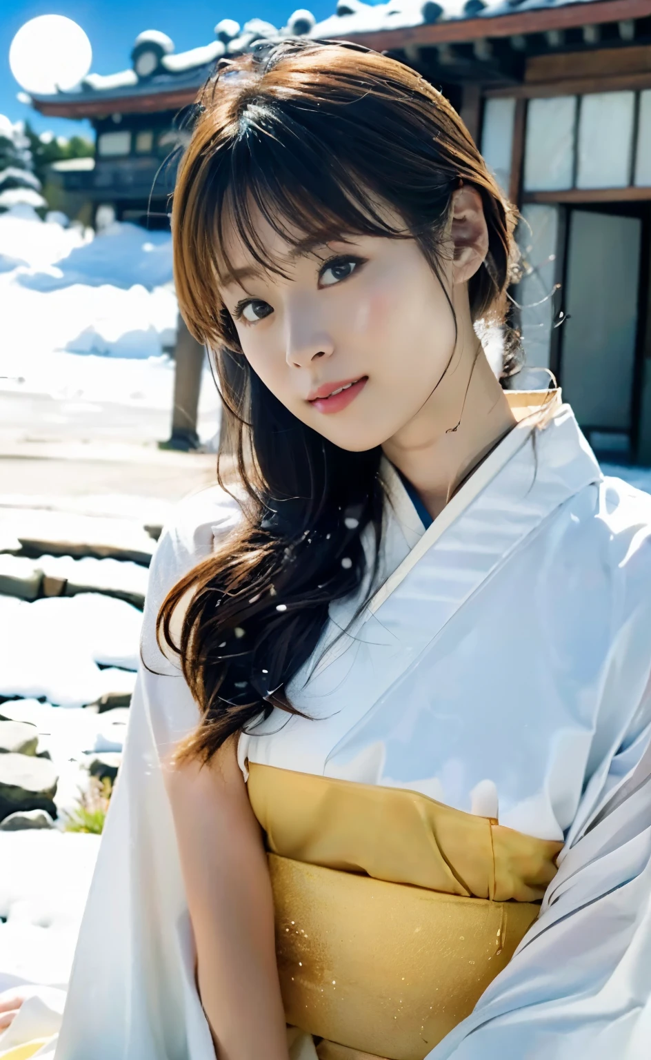 (((Perfect limbs and body with detailed depictions of the limbs based on perfect anatomy, no extra arms))),4k shooting captures the essence of movement,First Person,(((白い薄い和服を着て夜に雪山の岩に手を前に揃えて立ってこちらを見ている美Shii雪女))),(((In the moonlight of a late-night snowfall, a snow woman dressed in a luxurious white kimono is gazing intently at me with her chin pulled back.))),(((masterpiece))),色白の透き通るような美Shii首筋に柄の無い純白の着物が映えます,Stand with your chin tucked and your knees together,((A full-body 4K portrait shot of bare feet with the moon in the background)),20-year-old, Glossy long chestnut hair is sexy,((Gravure photoshoot on top of a snowy mountain)),Long eyelashes,Big eyes,double eyelid,((Glossy red and thick lips)),Deep depth of field photography with Hasselblad,Outdoor detailed background,Best image quality,Professional perspective,素晴らShiiディテール,Ultra-high resolution,Realistic:1.4,Attention to detail,The beauty is concentrated on one girl.,栗色の美Shiiロングヘアーが風になびく,繊細で鼻が高く美Shii顔,Long limbs like a model,Tight waist,チラ見えする白い肌が眩Shii,Dramatically God々Shii,Creating a cinematic aura,