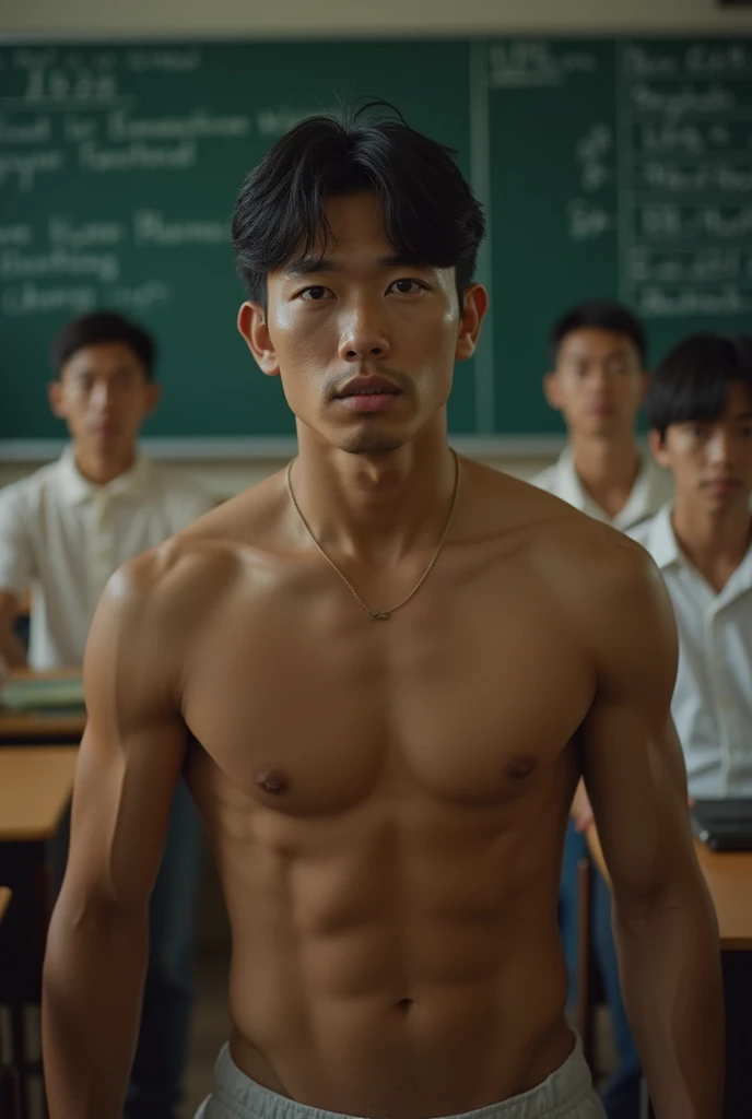 a muscular 30 year old asian man, naked in front of a classroom, with several boys staring at him, big dick, public humiliation, embarrassed, detailed face, beautifully detailed eyes, highly detailed skin, extremely detailed body, photo realistic, cinematic lighting, dramatic shadows, masterpiece, award winning photography