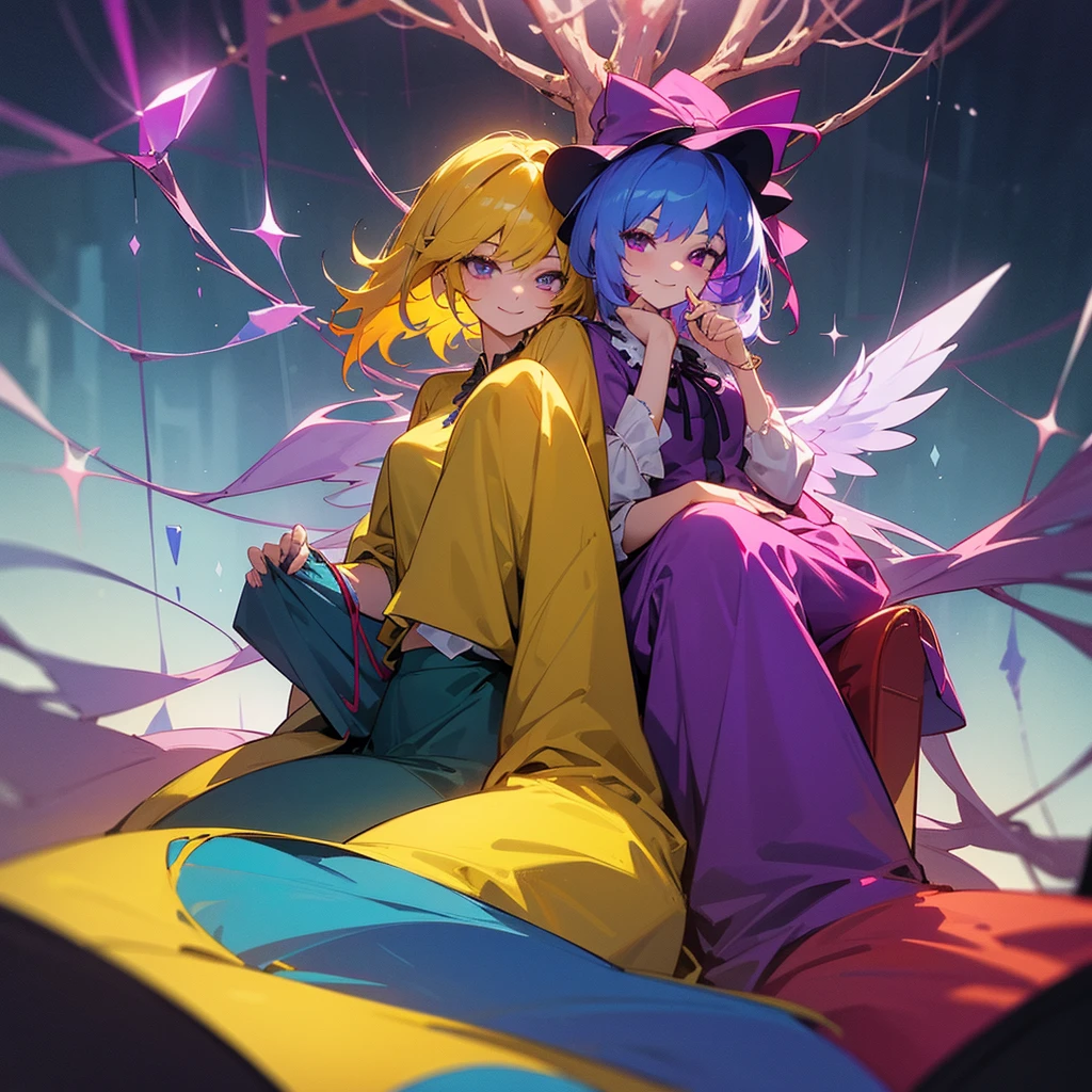 A detailed, extremely high quality 8K image of two young vampire girls, one with purple-blue hair and the other with vibrant yellow hair, both wearing pink nightcaps with red ribbons, sitting in a red mansion from the Touhou Project. The girl with blue hair is holding a wine glass, while the yellow-haired girl has crystal-like branching wings, both smiling sweetly and looking at the viewer. The image has a highly detailed, realistic, and masterful art style with vivid colors and exceptional attention to detail.