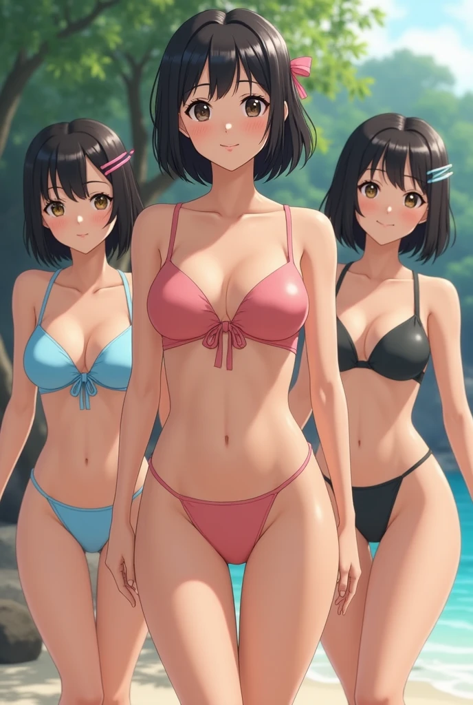 Cute, realistic, and lifelike Japanese women,Put your whole body into it、Bobcut、hairpin,(flat chest:1.2)、Charm, Ultra-high resolution,Attention to detail, Golden Ratio,Natural body、round face,smile,Highest quality,Cute Swimsuits