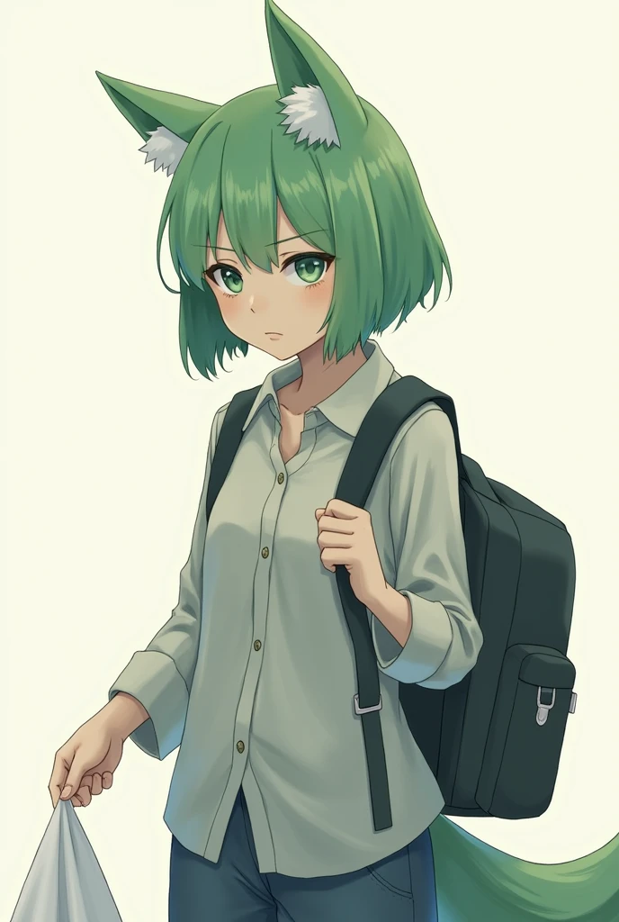 A girl with green hair and drooping fox ears, wearing a backpack slung from her right shoulder to her left side, holding a small white flag. She looks timid.