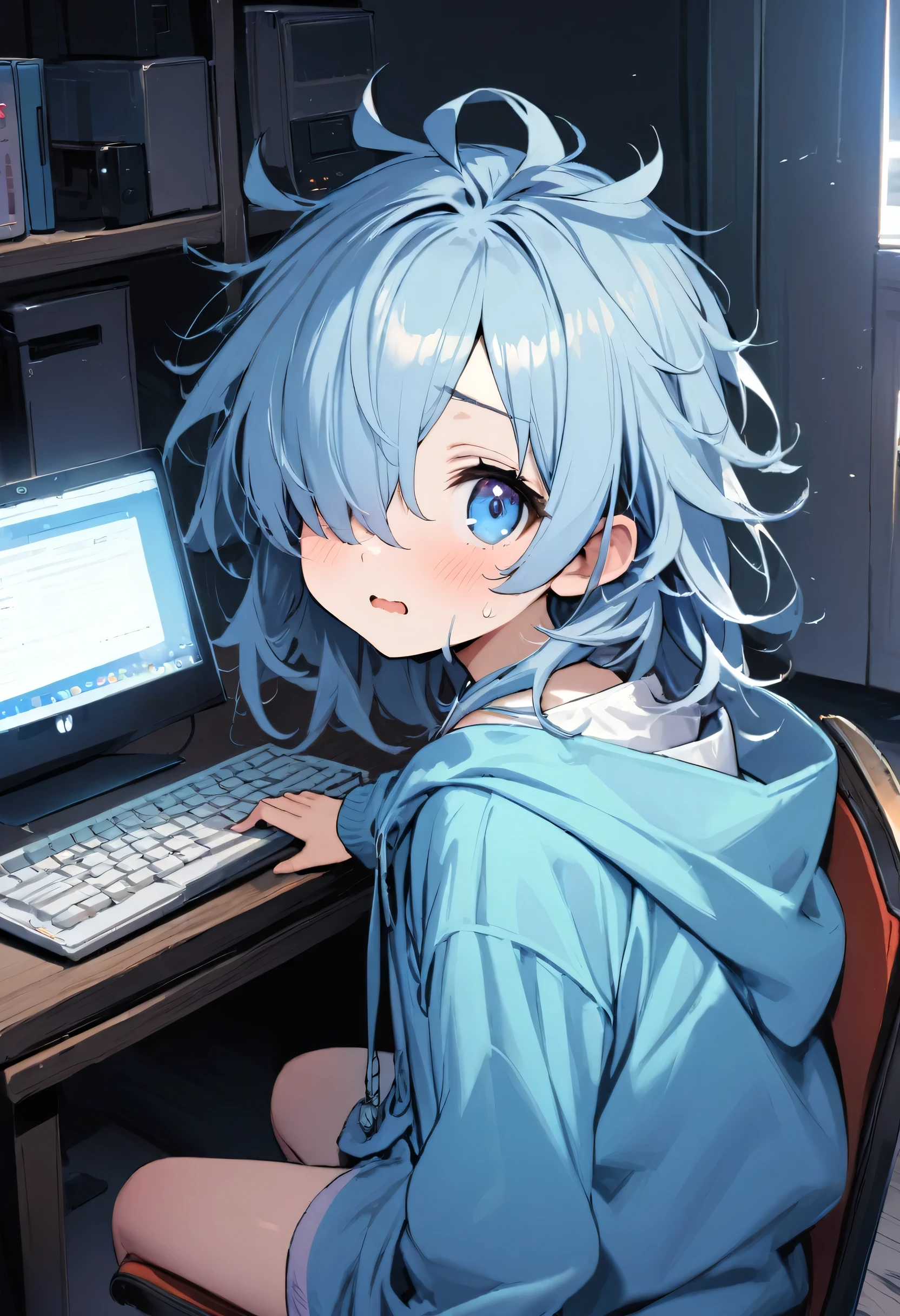 1girl, (()), ((petite)), ((teenage)), ung girl)), ((young age)), ((10 year's old)), pastel blue hair, ((hair over one eye)), ((messy hair)),blue eyes,scared, oversized clothes, hoodie, Computer, room, Sitting on the chair, looking back at viewer, masterpiece, best quality