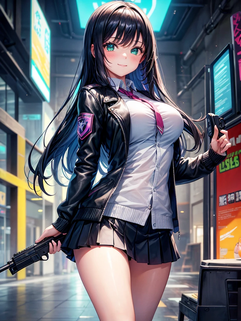 middle  girls，smile，Beautiful girls，Beautiful girl from another world，Gun of the Future，A girl holding a gun in each hand，leather jacket，The best quality to get you horny，Psychic，Wizard，battle，Colorfulな髪色，Perfect Girl，Super cute girl，Cyberpunk Background，Cute uniform，Uniform of the Future，Wearing a cardigan，Long Hair、Sparkling eyes，She has her bangs down，Colorful，Ultra HD，Young girl，sex，Green Eyes，Naughty Girls，Full body image，Big Breasts，Beautiful Girl&#39;s Paradise，Fashion Girl，Naughty Girls，Beautiful Girl Country，High-dimensional beautiful girl，A beautiful girl who transcends everything，So beautiful，Absurd，Beautiful girls，