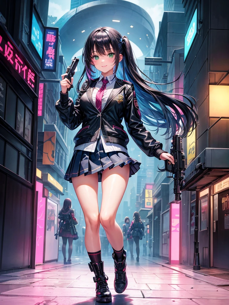middle School girls，smile，Beautiful girls，Beautiful girl from another world，Gun of the Future，A girl holding a gun in each hand，leather jacket，The best quality to get you horny，Psychic，Wizard，battle，Colorfulな髪色，Perfect Girl，Super cute girl，Cyberpunk Background，Cute uniform，Uniform of the Future，Wearing a cardigan，Long Hair、Sparkling eyes，She has her bangs down，Colorful，Ultra HD，Young girl，sex，Green Eyes，Naughty Girls，Full body image，Big Breasts，Beautiful Girl&#39;s Paradise，Fashion Girl，Naughty Girls，Beautiful Girl Country，High-dimensional beautiful girl，A beautiful girl who transcends everything，So beautiful，Absurd，Beautiful girls，