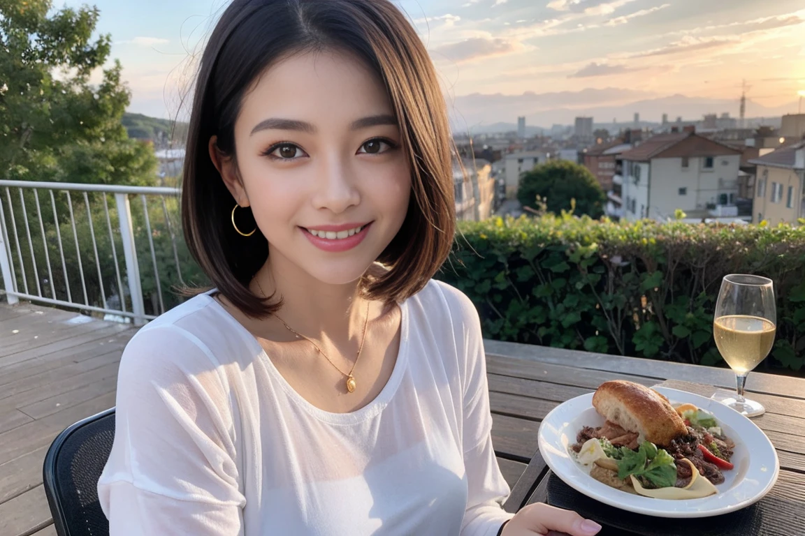 (Realistic:1.1),(masterpiece,Highest quality),8k,(49 years old), 53 years old, ベリーslimボディ、slimカップル、Tight waist,Upper Body,full-course dinner、wine 、Amazing view of the sunset sky and clouds、Perfect Anatomy, Brown Hair, short hair,Random Hairstyles,((Highly detailed face and eyes:1.2)),Perfect golden ratio face,Long sleeve shirt、dress,(smile:1.2)、Shortcuts、cute、(Realistic, Intricate details:1.2), A bright smile、short hair,Bright Face、赤wine 、Appetizers、Italian food、wine bottle、Champagne、スパークリングwine、(slimな顔), (The body is slim), (Brown Hair), (Shortcuts), Upper Body, 白wine, slim, wineグラス,