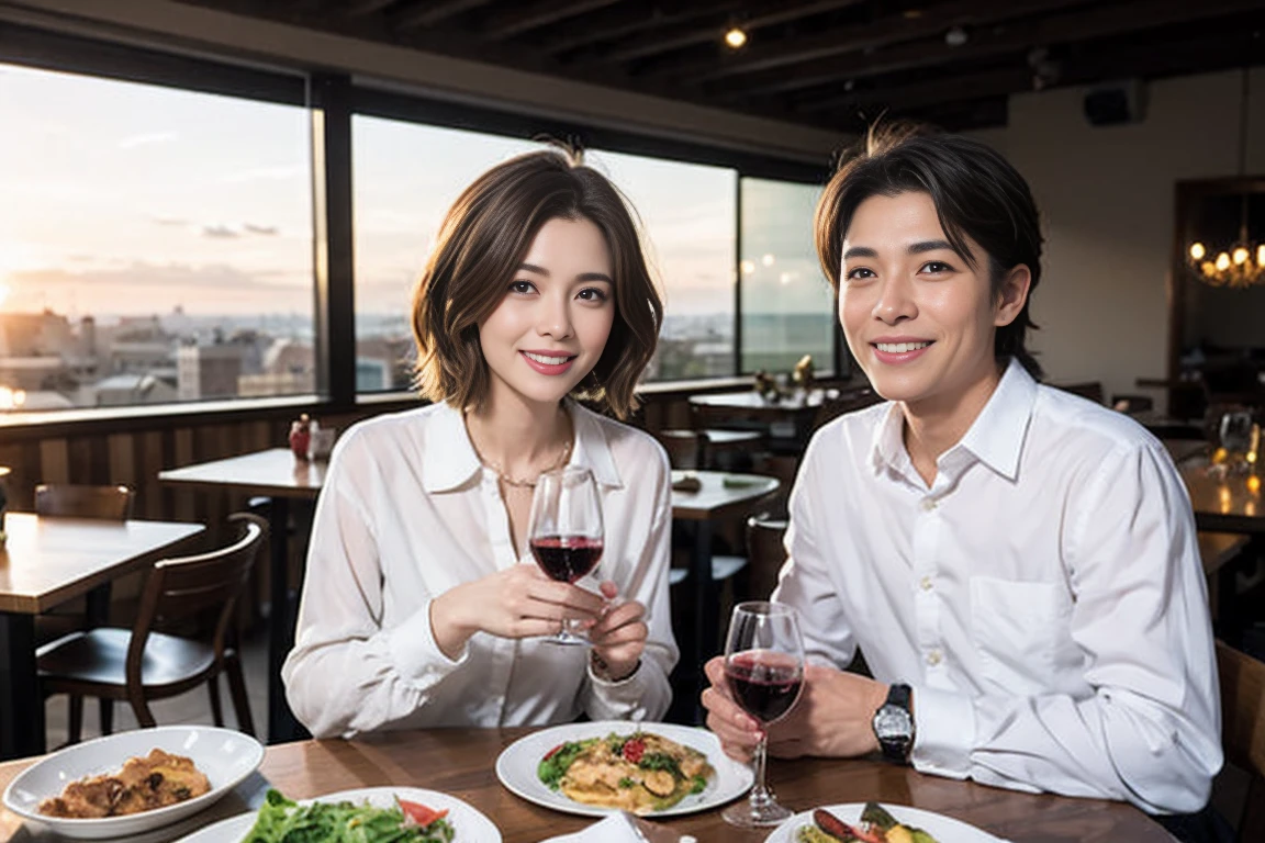 (Realistic:1.1),(masterpiece,Highest quality),8k,(49 years old), 53 years old, ベリーslimボディ、slimカップル、Tight waist,Upper Body,full-course dinner、wine 、Amazing view of the sunset sky and clouds、Perfect Anatomy, Brown Hair, short hair,Random Hairstyles,((Highly detailed face and eyes:1.2)),Perfect golden ratio face,Long sleeve shirt、dress,(smile:1.2)、Shortcuts、cute、(Realistic, Intricate details:1.2), A bright smile、short hair,Bright Face、赤wine 、Appetizers、Italian food、wine bottle、Champagne、スパークリングwine、(slimな顔), (The body is slim), (Brown Hair), (Shortcuts), Upper Body, 白wine, slim, wineグラス,