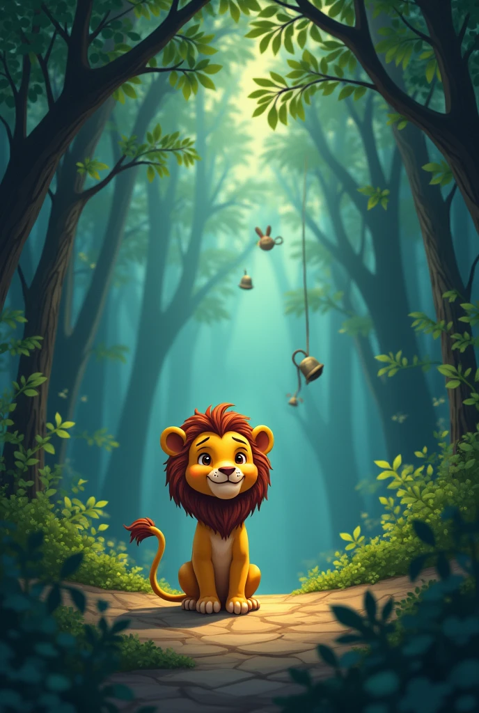 As the bell rang, the lion noticed the jungle changing around him. The once friendly cute animals transformed into strange, dangerous creatures. The cute lion, unsure of what to do, rang the bell again, and everything reverted to its original form. But the lion knew now that the jungle was no longer safe.