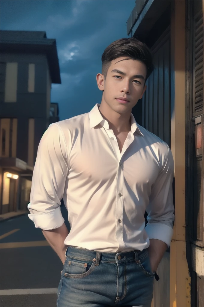 (armface:1.3) , Handsome young man standing, (have a mustache:0.8) , (short hair:1.2), The forearms are muscular., (Collared shirt with buttons:1.2), (white shirt:1.2),Jeans, Big muscles, Handsome and muscular, full body angle, (The front of an old building:1.1), , (nighttime:1.3), Neon lights