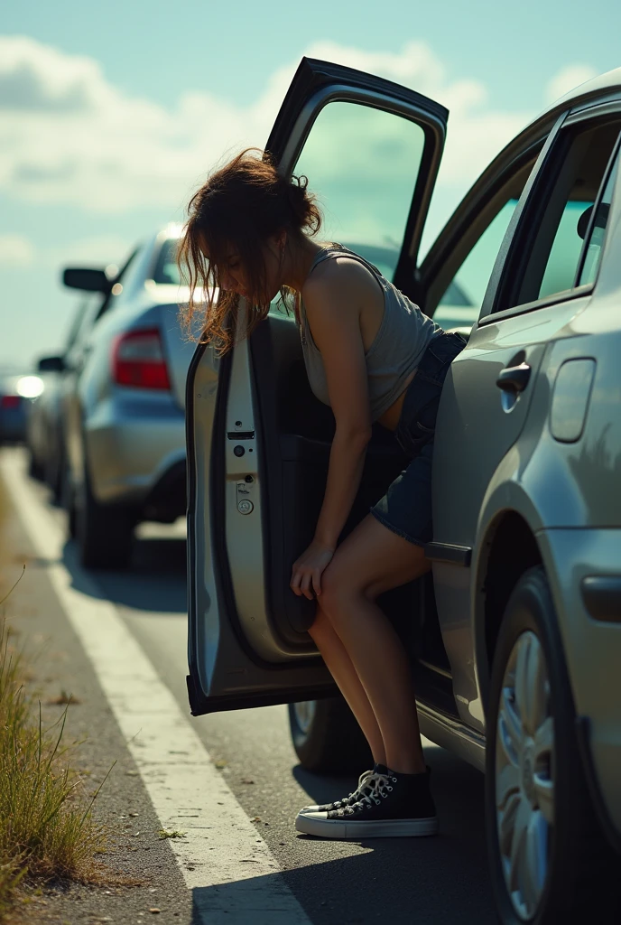 (A woman in her early 20s, can’t hold it anymore) (she pull over the car in from of traffic for pit stop) (she is peeing (urgently) at side of the freeway) ( sitting on car with the open car door to hide herself.
