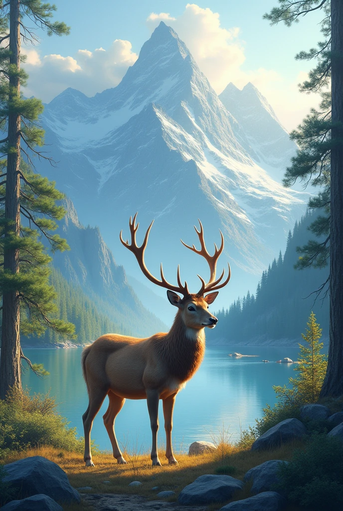 Create a deer in Nature with Mountains trees water sun and a little mystical feeling 