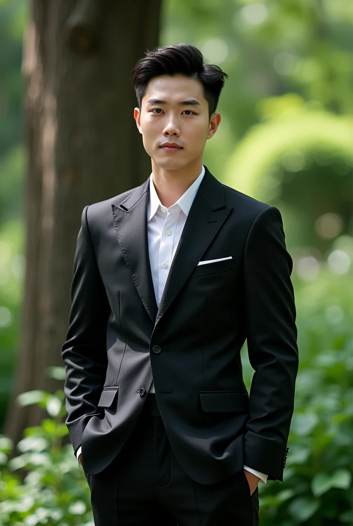 handsome korean guy in all black suit with black semi pompadour hairstyle, selfie, outdoors, in garden, under a tree, realistic and ameture