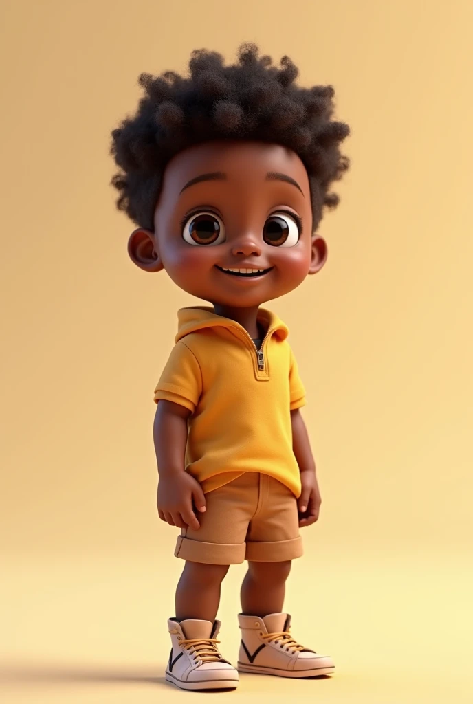 Highly detailed full body 3D animation image of a five year African American boy model Plain background. Disney, Pixar like