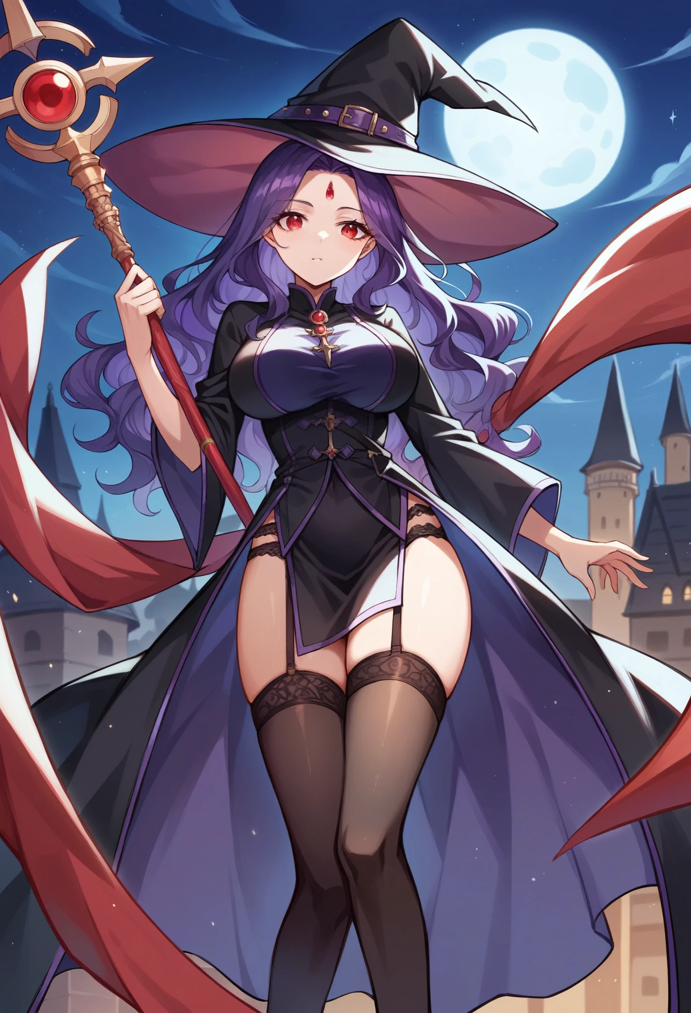 (masterpiece:1.2, Highest quality),(Anime Style),Visible from the knees to the head, 20-year-old woman,Red Eyes,Dark purple hair,Forehead is visible,Wavy Hair,Long Hair,Very large breasts,Wizard,Black witch hat,Black Robe,Black garter belt,Black Stockings,Jeweled Staff,night,tower
