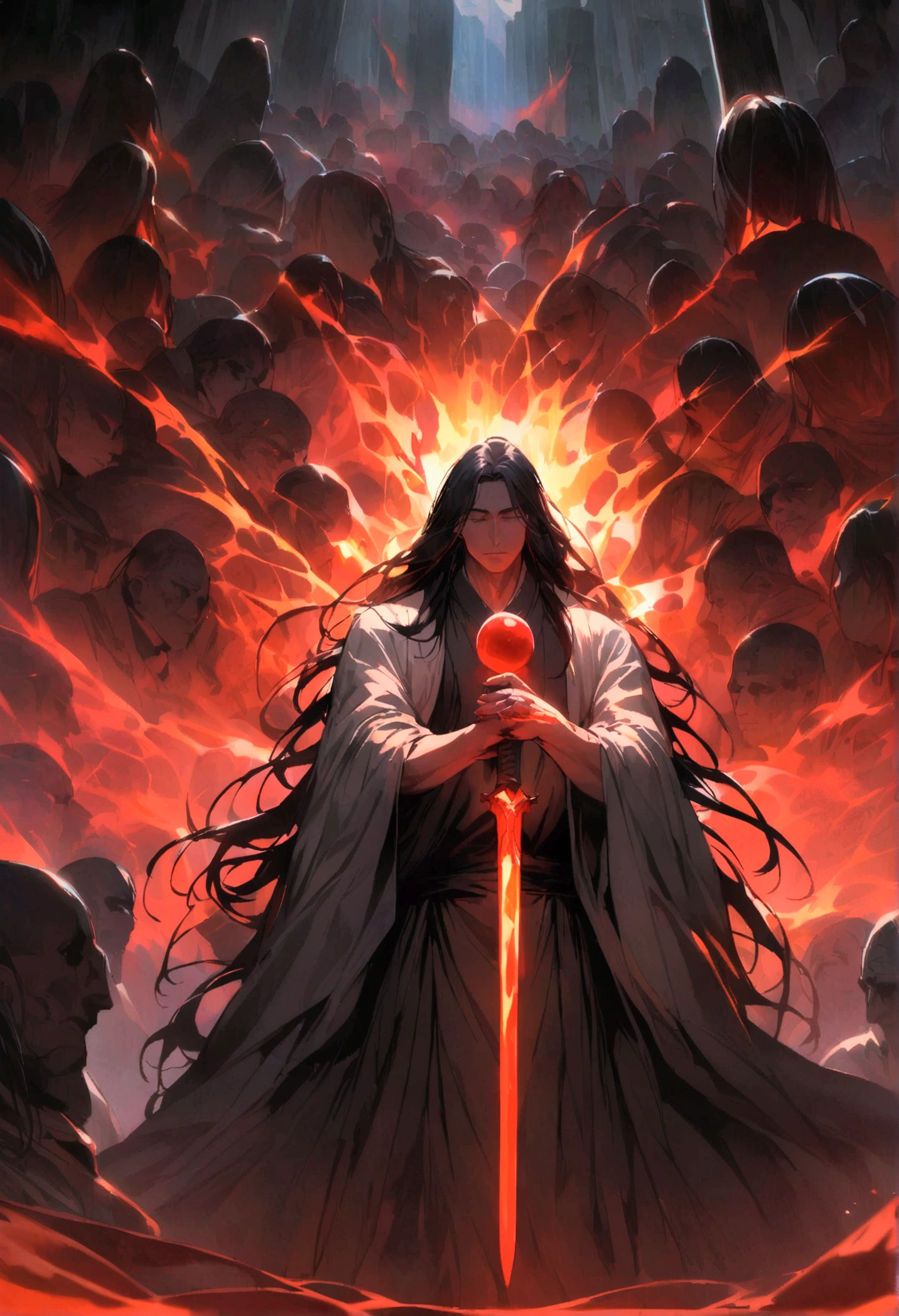 black haired, cold looking man, long hair, majestic features, countless bodies and graves behind him, holding a bloodied sword in his right hand, and a red ball of energy in his other hand.