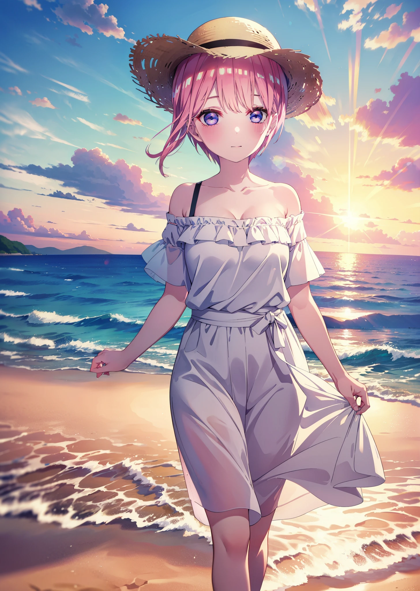 ichikanakano, Nakano Ichika, short hair, bangs, blue eyes, Hair between the eyes, Pink Hair, smile,blush,Open your mouth,Straw hat,White off-shoulder dress,Short sleeve,Long skirt,barefoot,Walking,sunset,evening,The sun is setting,Strolling on the sandy beach,
break outdoors, Beach,
break looking at viewer, whole body,
break (masterpiece:1.2), Highest quality, High resolution, unity 8k wallpaper, (figure:0.8), (Beautiful attention to detail:1.6), Highly detailed face, Perfect lighting, Highly detailed CG, (Perfect hands, Perfect Anatomy),