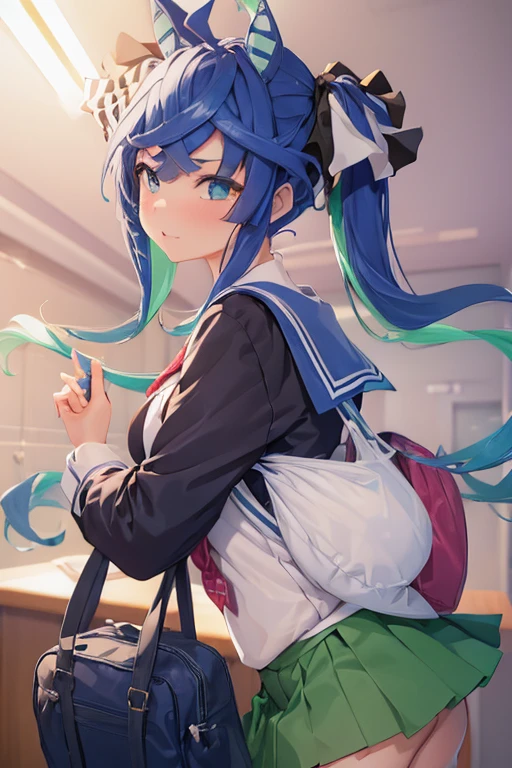 ((((sexy))))ツインターボ, 1girl, breasts, skirt, 1boy, school uniform, hetero, censored, serafuku, solo focus, bag, pillow, pov, stuffed toy, stuffed animal, green skirt, school bag, teddy bear, ooarai school uniform, id card, skirt removed