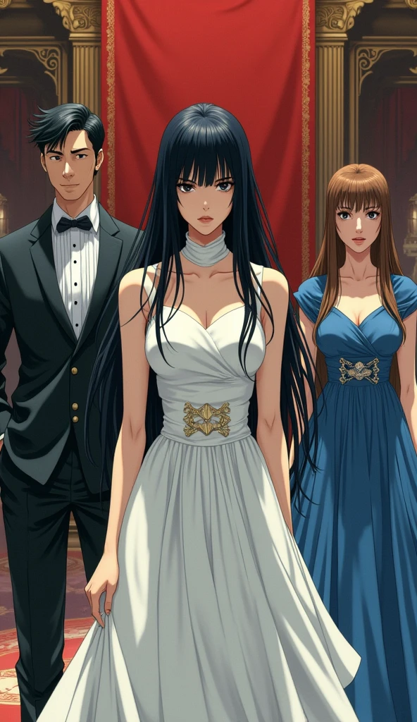 ((A woman with long hair)),banquet,Black straight hair,White Dress,((Cold expression)),Japanese comic style,On the left stands a short-haired man.,On the right stands a woman in a blue dress with long brown hair
