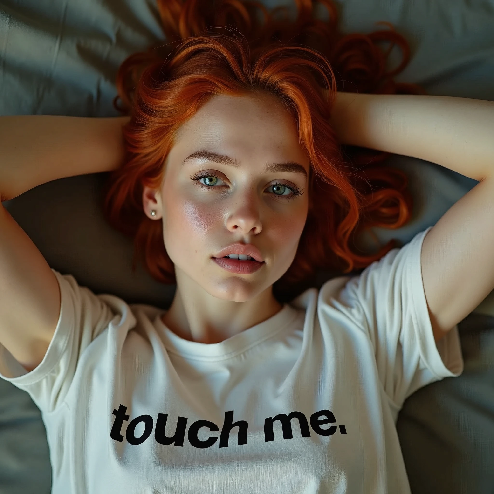 a young redhead woman lying on a bed wearing a shirt with the words "touch me".