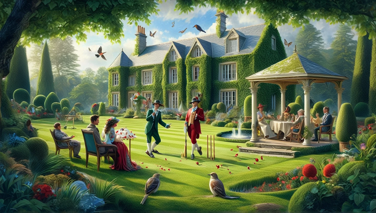 painting of a family gathering in a garden with a gazebo, michael cheval (unreal engine, amazing wallpaper, 4k highly detailed digital art, background artwork, a beautiful artwork illustration, highly detailed illustration, by senior artist, rob mcnaughton, inspired by George Lambourn, 4k detailed art, hd artwork, highly detailed digital artwork, realistic fantasy illustration