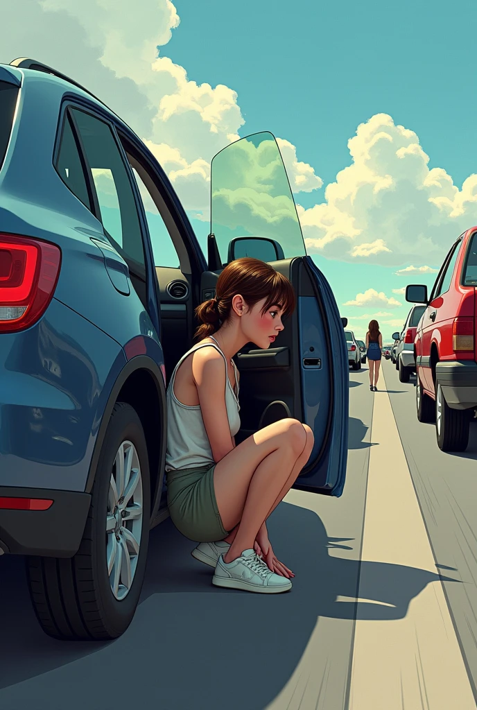  
(A teen girl can’t hold it anymore) (she made her parents pull over the car in from of traffic for pit stop)- she is currently peeing (urgently) at side of the freeway) ( sitting on car with the open car door to hide herself.