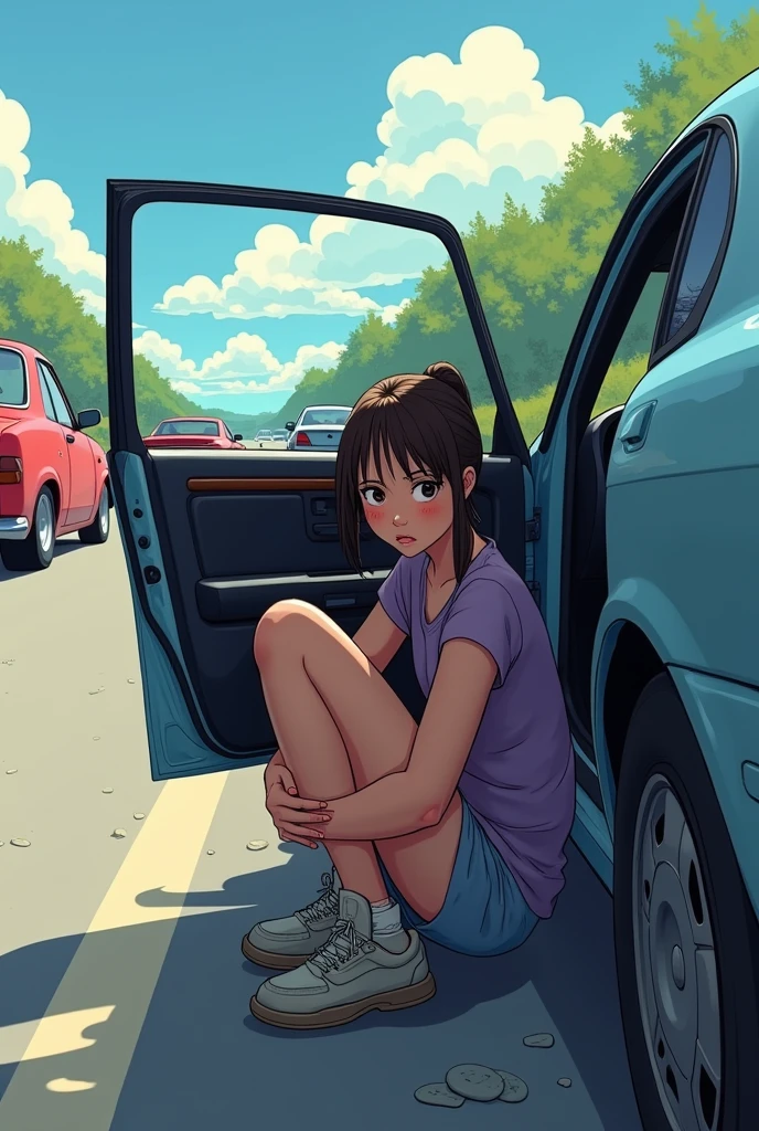 (A teen girl can’t hold it anymore) (she made her parents pull over the car in from of traffic for pit stop)- she is currently peeing (urgently) at side of the freeway) ( sitting on car with the open car door to hide herself.