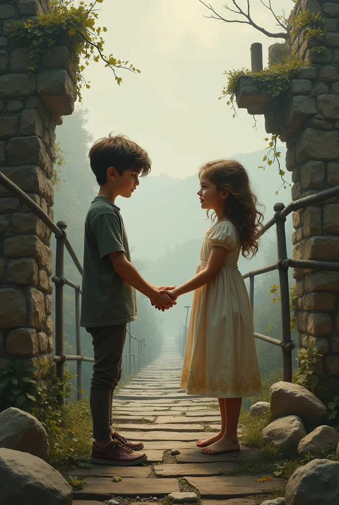 Boy and a girl wants to hold the hand in a broken bridge, like Romeo and Juliet