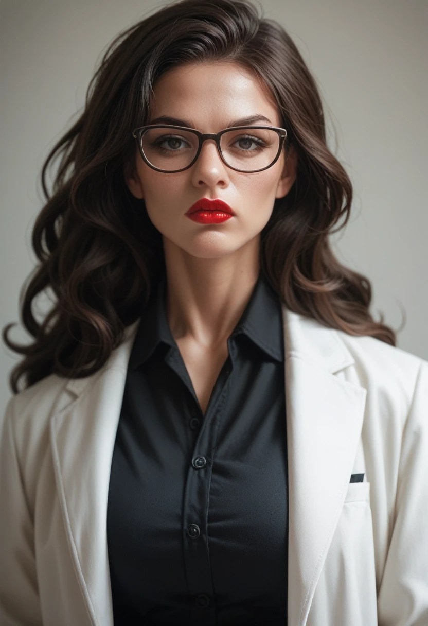 Brunette woman with big breasts,long wavy black hair,wearing glasses,red lipstick on the mouth,Doctor,muscled body, wearing a black dress shirt with a low neckline,and a red skirt,wearing white coat, serious look