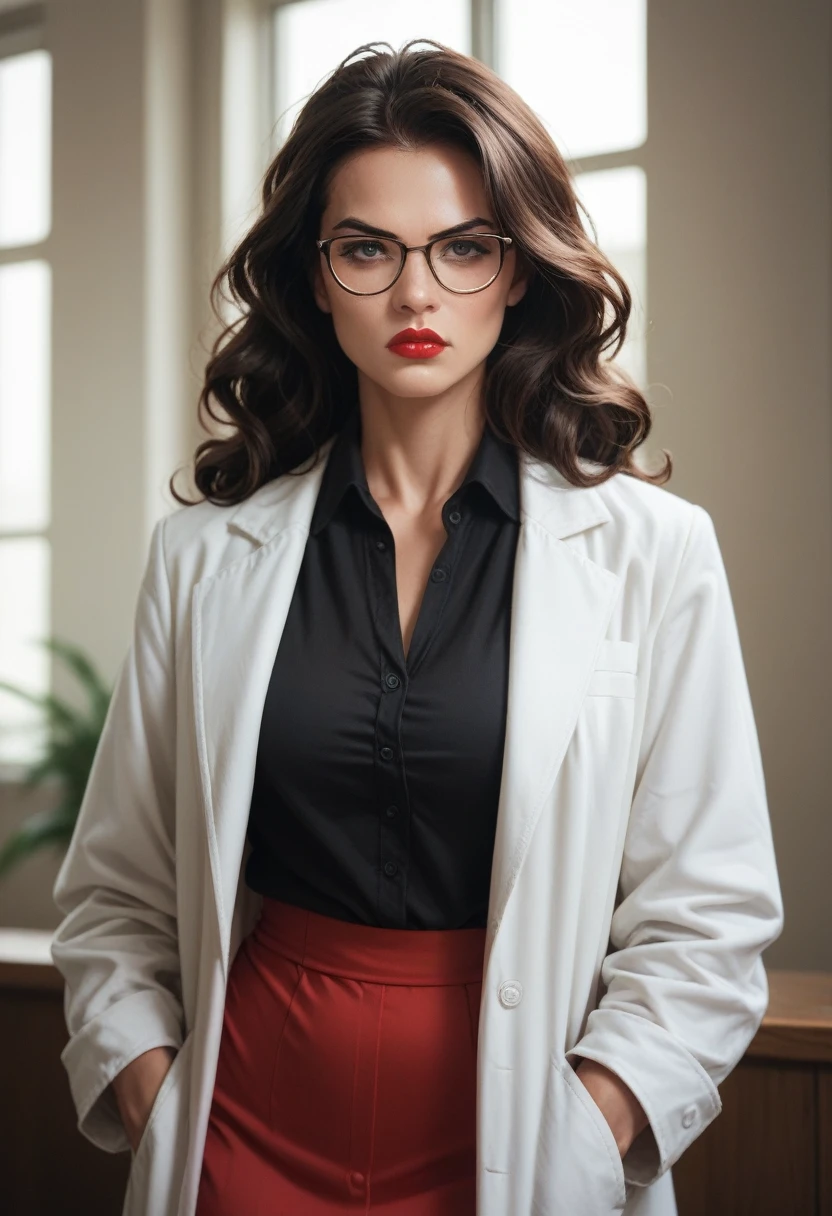 Brunette woman with big breasts,long wavy black hair,wearing glasses,red lipstick on the mouth,Doctor,muscled body, wearing a black dress shirt with a low neckline,and a red skirt,wearing white coat, serious look