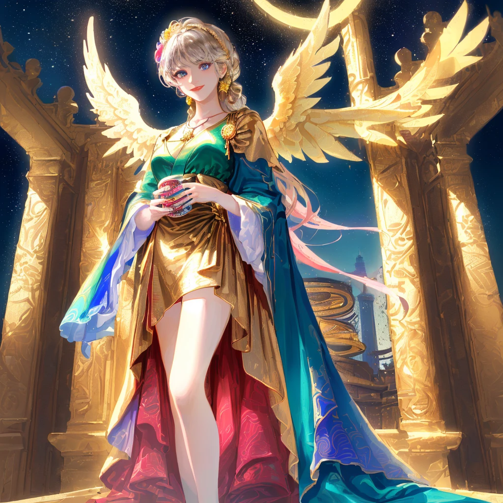 ***Gold***, ***Blue***, ***Green***（Main。Especially Gold）, ***Light Blue***, ***Yellow***, ***silver***, ***Deep Red***, ***Light Purple***, ***Deep Brown***, ***Pink***, ***Wine Red***, ***Black***, ***Red***(sub color)
BREAK
***(((ultra-detailed, ultra high resolution, Top Quality photorealistic Illustration, Ultra Definition, cute illustration:1.3, high Saturation:1.2, detailed beautiful face and eyes, an extremely delicate and beautiful, nice hands, perfect hands, appropriate posture, appropriate configuration, ideal ratio body proportions, absurdres, realistic, hyper-realistic, golden ratio 1.2, drafting board 1.3, ultra quality and detailed art, high resolution (HD, 4K, 8k, 16K), color bit depth 24-bit, 48-bit, 8k, ultra high resolution: 1.2)))***
BREAK
***(((artistic and ultimate, strongest and perfect, extraordinary, groundbreaking, amazing, overwhelming, original, pioneering, innovative)))***
BREAK
***(((theme（Fixed in Japanese）:Improve your gambling luck、Stability、Always victorious、crushing victory、Amusement、The Blessing of Entertainment、Alternative to stress relief、The angel who blesses and protects me:1.3)))***
BREAK
***(((Symbols: horseshoe, four-leaf clover, lucky penny, dice, playing cards, gold coins, treasure chest, crystal ball, tarot cards, angel feathers, protective amulet)))***
BREAK
***(((Background: scene with a rainbow, pot of gold at the end, casino setting with bright lights, Las Vegas skyline, mystical forest with glowing lights, celestial sky with stars and moon)))***
BREAK
***(((Character: angel or deity symbolizing good luck, smiling and blessing, holding a lucky charm, surrounded by a glowing aura, with protective symbols around)))***
BREAK
***(((model: Stable Diffusion 1.5, lora: AngelicWings_v1.0, lora: SpiritualSymbols_v2.0, lora: HighDetailFaces_v1.2)))***
