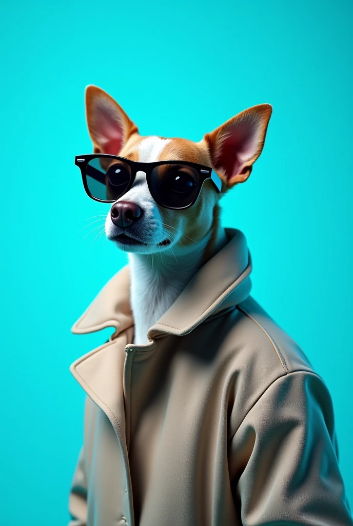 The best cell phone wallpaper, Award-Winning Wallpaper, portrait photography, In the front view is a portrait of a cute dog wearing mid-1960s space age fashion, Side view photo, Shot with Canon EOS R5, Set a strong contrast that accentuates the subject, Fluorescent blue tone, Wearing a very modern coat and sunglasses is a modern 1960s style, Clothes all in one color, beautiful background