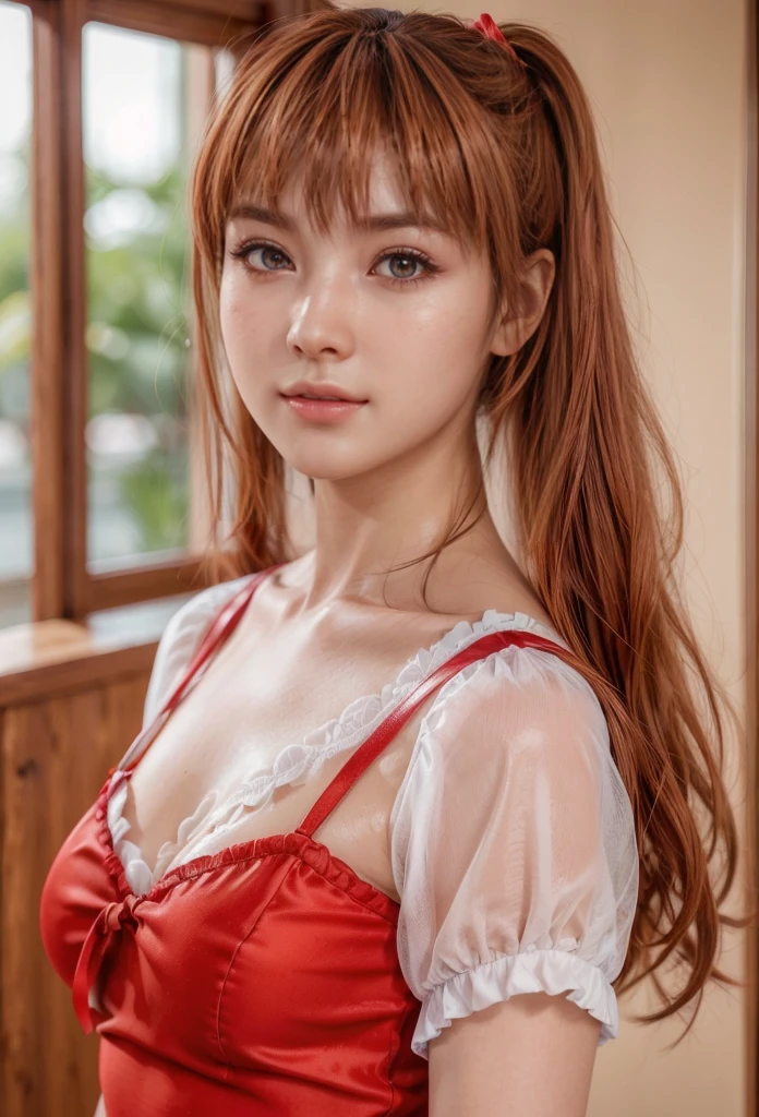 kasumi, eyes browns, (best qualityer, ultra detail), (realisitic:1.37), beautiful and detailed face, ultra-realisitic texture, Exquisite face, Delicate body, red lipgloss stick, shiny colors. High definition, 8k, expression a slight cute smile