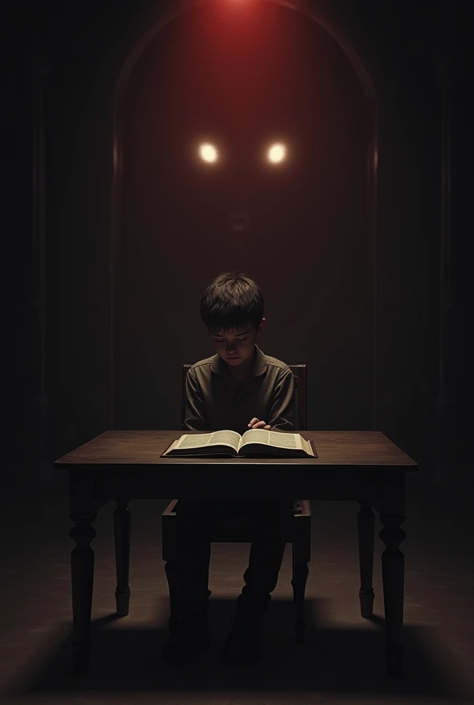 A dark room with a red light, in the middle a boy sitting looking towards the camera, In front of him a table with an open bible and behind him the darkness of the room, but with two bright spots behind it resembling eyes, let the darkness be noticed, and the boy is a little far away so that it is not clear if it is a drawing or a real person, try to make it as real as possible
