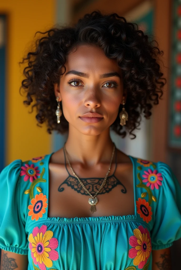 20-year-old girl, Mexican nationality,of robust body, short curly hair, dark complexion, dressed in a turquoise dress with traditional colored flower embroidery, with bushy eyebrows., curious look, with a tattoo on the arm in the form of a chain of Aztec patterns.