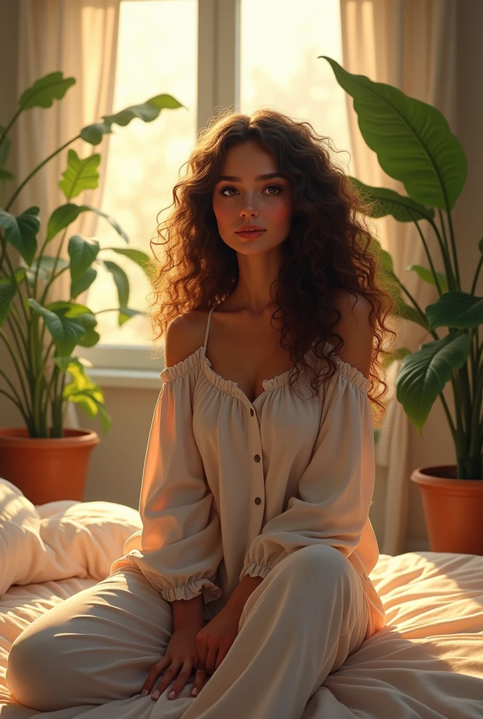 (photorealism:1.2), beautiful woman, sitting on bed, wearing loose off-shoulder top, pajama pants, long curly hair, indoors, soft lighting, plants in background, window with sunlight, cozy room, relaxed pose, realistic, intricate details, warm colors, by Greg Rutkowski, by Alphonse Mucha