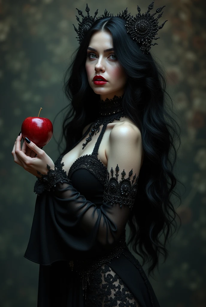 Girl,Black long hair，Black Queen，accessories，Apple in hand，Poison apples，Witch Queen，Red lipstick, cleavage, thigh, short skirt, sexy