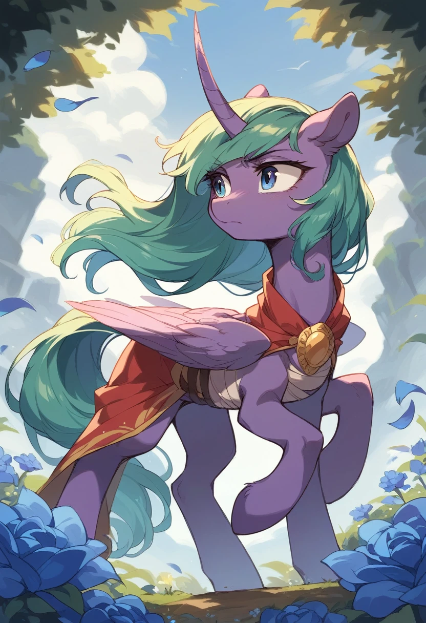 A battle with another pony. Tall, serious face. Pony Alicorn а deep purple unicorn mare with a flower-strewn green mane and tail. Her curved horn is the same color as her coat. A marking in the shape of a treble clef outlined in blue flowers lies on her flank. She has a white wrap around one leg that appears to be in the shape of a crest with gold lining