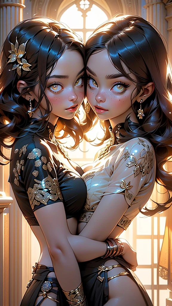 2girls,multiple girls,(((beautiful brunettes identical twins in middle of composition:1.5))),(brunette long hair:1.5),detailed and intricate,very large breasts:1.7),(((yellow_eyes:1.3))),intricate eyes,beautiful detailed eyes,symmetrical eyes,(((lustrous skin:1.5,bright skin: 1.5,skin tanned,shiny skin,very shiny skin,shiny body,plastic glitter skin,exaggerated shiny skin,illuminated skin))), shiny lips, very big ass,inflated legs,thick thighs,(symmetrical detailed face:1.7),toned, sexy, nsfw,
sexy,zettai ryouiki,tiny sheer see-through provocative clothes,show skin,(arabian clothes, harem outfit, arabian dancing girl, belly dancer outfit, sex slave, jewelry, sheer loincloth, pelvic curtain, midriff, bracelets,),(arabian jewelry,intricate necklace),((((silk loincloth:1.5,transparent loincloth)))),navel:1.5,(((gold clothes))), nsfw
(dynamic pose:1.0),embarrassed,(centered,scale to fit dimensions,Rule of thirds),
indoors,(huge columns of an Arab palace,arab palace,arab palace background),scenery,extremely scenery,arab style,
(Glossy arab ornaments),highres,sharp focus,(ultra detailed,extremely detailed),(photorealistic artwork:1.37),(extremely detailed CG unity 8k wallpaper),(((vibrant colors,vibrant theme))),(intricate),(masterpiece),(best quality),artistic photography,(photography taken by sldr),(intricate background),perfect rendered face,perfect face details,realistic face,photo realistic,((intricate detail)),(((realism))),