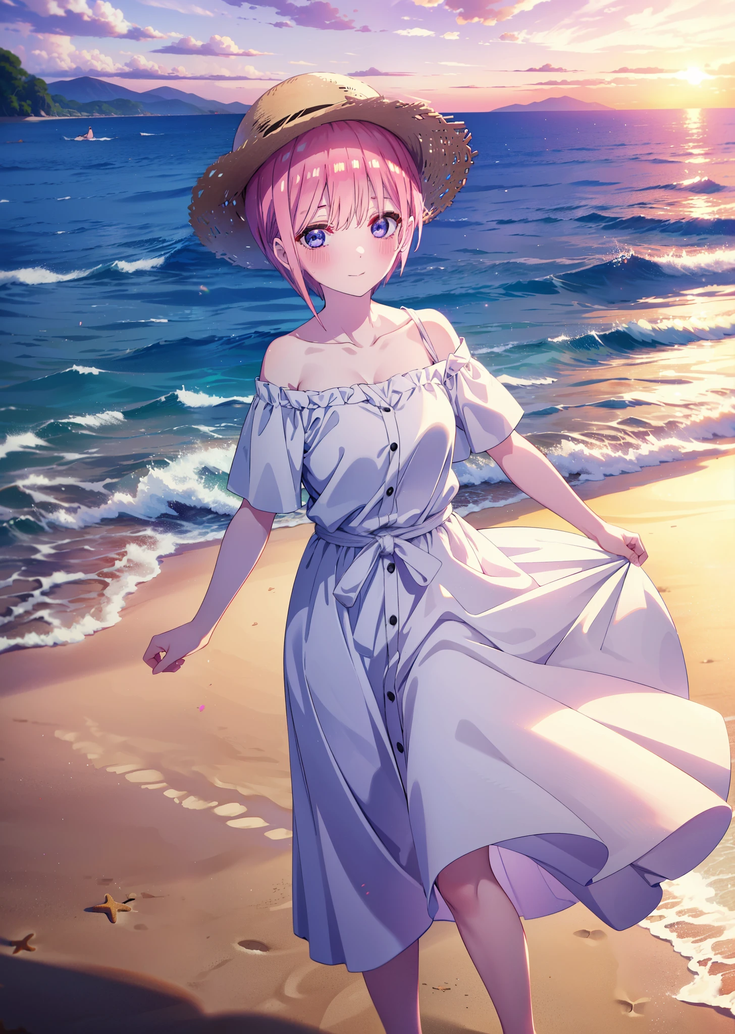 ichikanakano, Nakano Ichika, short hair, bangs, blue eyes, Hair between the eyes, Pink Hair, smile,blush,Open your mouth,Straw hat,White off-shoulder dress,Short sleeve,Long skirt,barefoot,Walking,sunset,evening,The sun is setting,Strolling on the sandy beach,
break outdoors, Beach,
break looking at viewer, whole body,
break (masterpiece:1.2), Highest quality, High resolution, unity 8k wallpaper, (figure:0.8), (Beautiful attention to detail:1.6), Highly detailed face, Perfect lighting, Highly detailed CG, (Perfect hands, Perfect Anatomy),