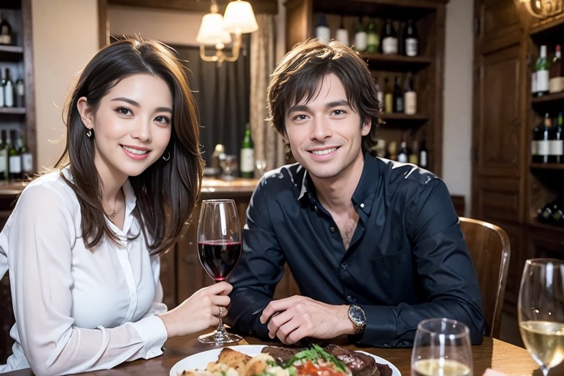 ((Highest quality、8k、masterpiece:1.3))、Slim couple、Model Couple、(Realistic, Intricate details:1.2), full-course dinner、wine 、Amazing view of the sunset sky and clouds、Bright smile、The beauty of a smile、Bright image、wineの美しさ, Beautiful Face, blue eyes, The light shines on your face, blush, short hair,Bright Face、 (Age 35), 38 years old, 赤wine 、Appetizers、Italian food、wine bottle、Champagne、スパークリングwine、Two beauties、Brown Hair、Shortcuts、Long sleeve shirt、dress、Two beautiful women