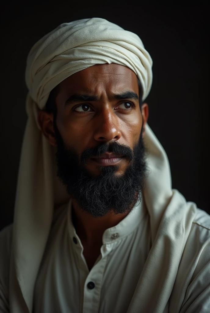 A brown 25 year old Muslim imam, black breed,sad expiration in his face.