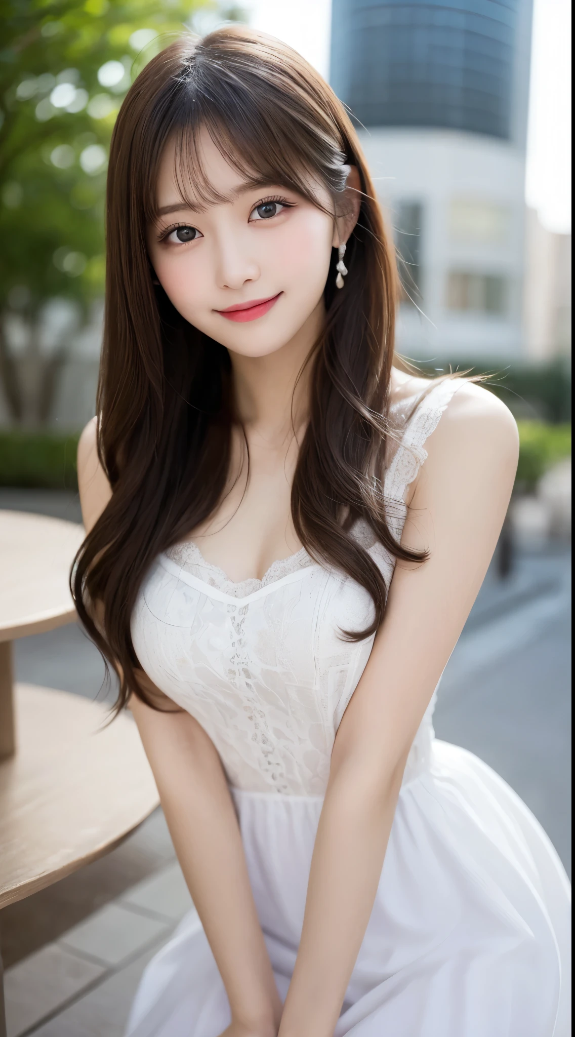 Tabletop, Highest quality, shape, Very detailed, finely, High resolution, 8k wallpaper, 完璧なダイナミックな構shape, Beautiful and detailed, Tokyo Trends&Random cute hairstyles, Small breasts, Natural color lip, Random sexy poses,Cute Smile,20-year-old girl、Beautiful and elaborate face、Perfect and beautiful face,Big eyes、Beautifully detailed face、Perfect and beautiful double eyelids、Blur the background、Perfect and beautiful face、Feminine poses、Blur the background、Slim face and figure、Blur the background,Smile、Real Photo
