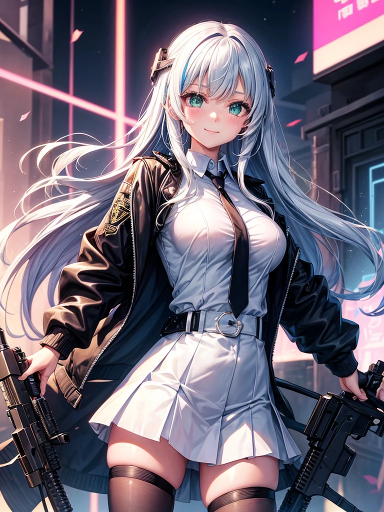 middle  girls，smile，Beautiful girls，Beautiful girl from another world，Gun of the Future，Girl holding an assault rifle in her hand，leather jacket，The best quality to get you horny，Psychic，Wizard，Uniform and cardiganコーデ，battle，Colorfulな髪色，Perfect Girl，Super cute girl，Cyberpunk Background，Cute uniform，Uniform of the Future，Wearing a cardigan，Long Hair、Sparkling eyes，She has her bangs down，Colorful，Ultra HD，Young girl，sex，Green Eyes，Naughty Girls，Full body image，Big Breasts，Beautiful Girl&#39;s Paradise，Fashion Girl，Naughty Girls，Beautiful Girl Country，High-dimensional beautiful girl，A beautiful girl who transcends everything，So beautiful，Absurd，Beautiful girls，