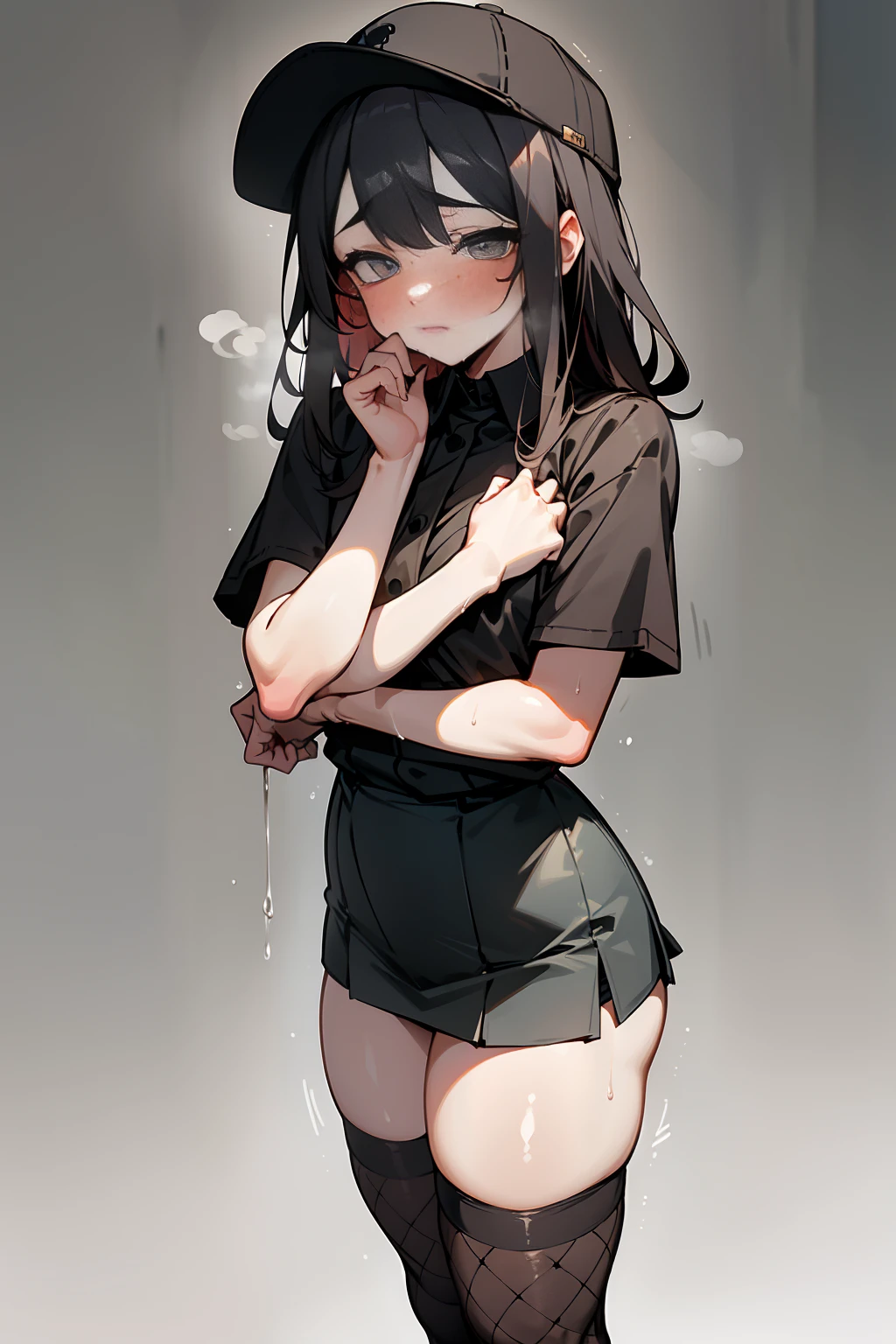 (masterpiece, best quality) (((8K best quality))), ((Intricate details)) ((blush)),wet, Sweating, White skin, Baseball cap, Freckles, ((Submissive eyes)),, NSFW clothing, ((Holding a baseball)), Short skirt, fishnet thighhighs,, beautiful clothes, Perspective material, student, Strike a pose, , Thick thighs, wet clothes, See through clothes, stocking, ((( Thin waist))), cute blush face,