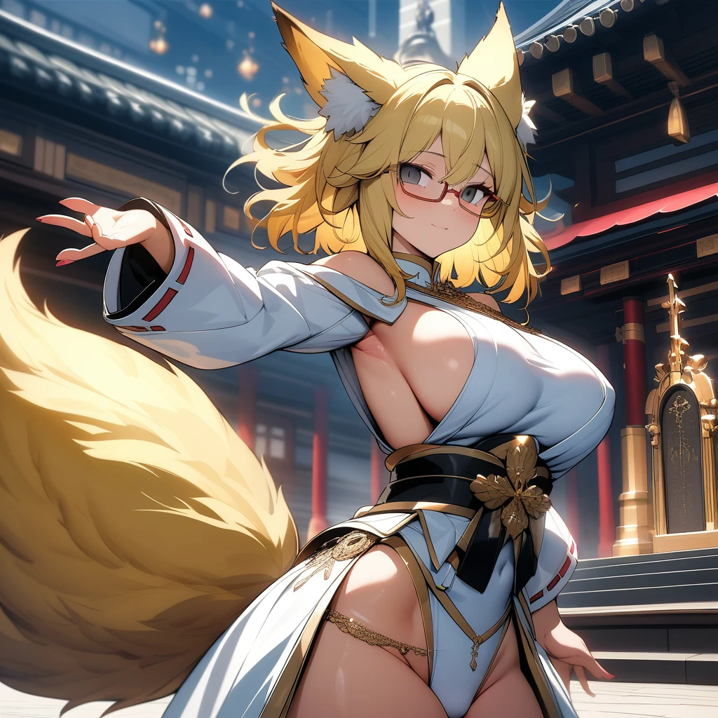 (masterpiece,best quality,very aesthetic),(ultra-detailed),high saturation,nsfw,girl,,solo,curvy,large breasts,thicc,(one fox tail,blonde fox ears,medium hair,low ponytail,blonde hair,messy hair,under-rim glasses),sideboob,long sleeves,empty eyes, gray eyes,(belly chain,fusion of gold trimmed white miko and highleg leotard,luxurious decoration),Expressionless,light smile,Mysterious,outdoors,plaza,dynamic dancing,Dancing on Stage for Japanese Shinto rituals,altar,outdoors,Brilliant Dancing,holding Sword with a shiny silver blade,(A mystical aura rises around girl,A mysterious aura)