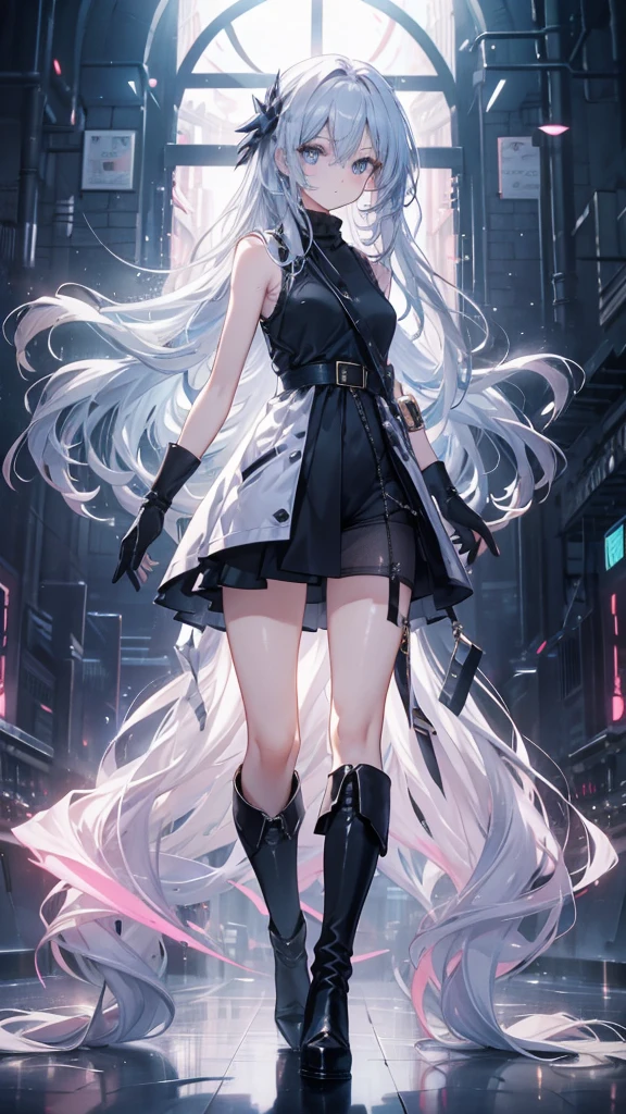 long hair,thin,,Clarity,high-definition,big eyes,Blue Eyes,Facing the audience,beauty,Extremely high image quality,超Clarity的画面,modern style,Over-the-knee boots,Sleeveless sweater,Long glove,jeans