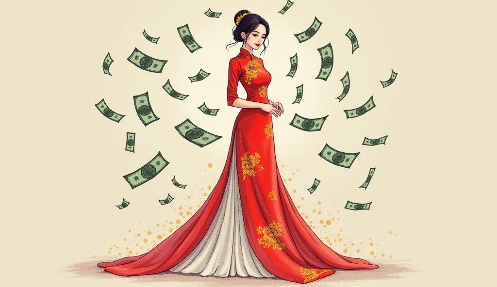 Draw me a Vietnamese model wearing traditional Vietnamese ao dai. In the background, draw flying dollars.