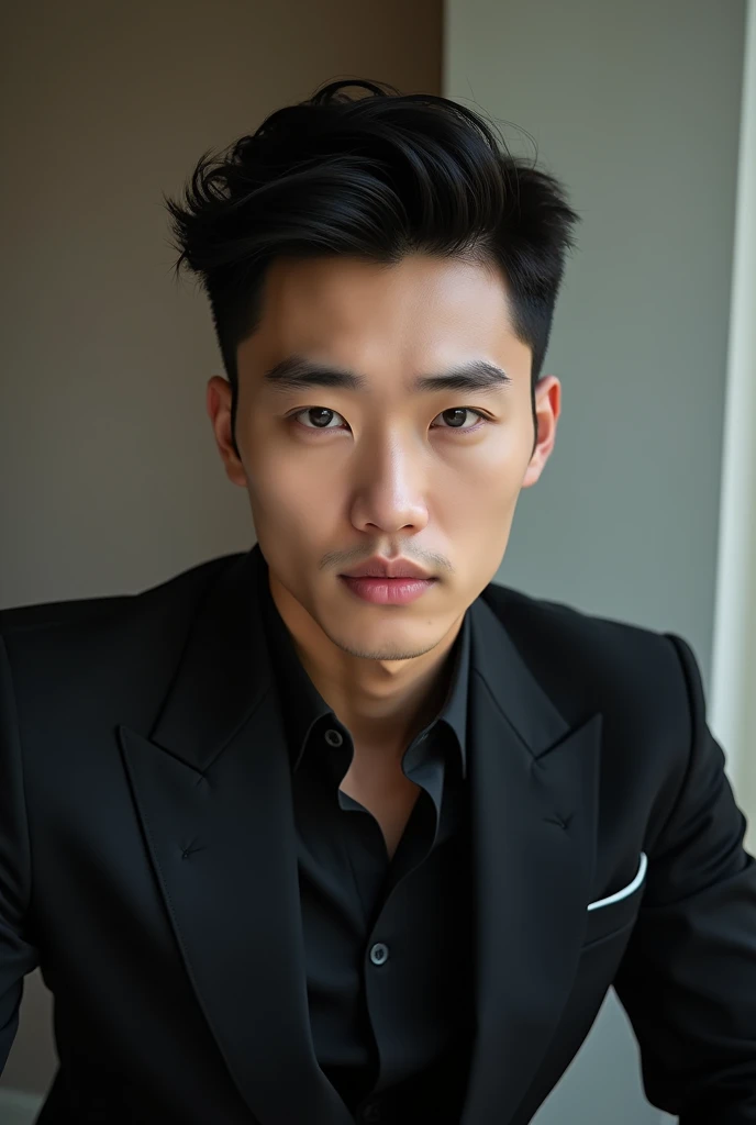 handsome korean guy in all black suit, black semi pompadour hairstyle, selfie, indoors, cute, long chin, long ears